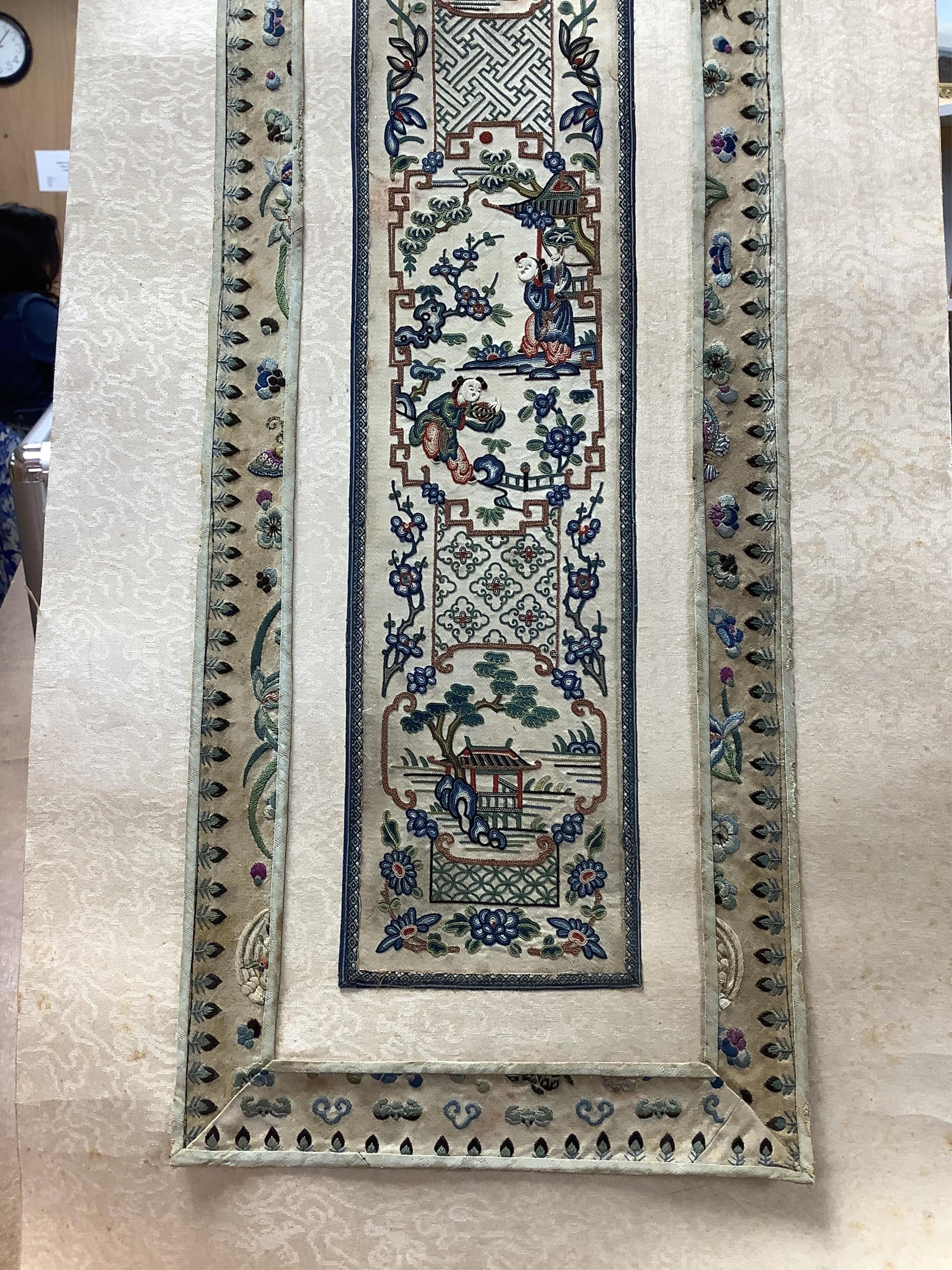 A pair of Chinese silk embroideries, in scroll form